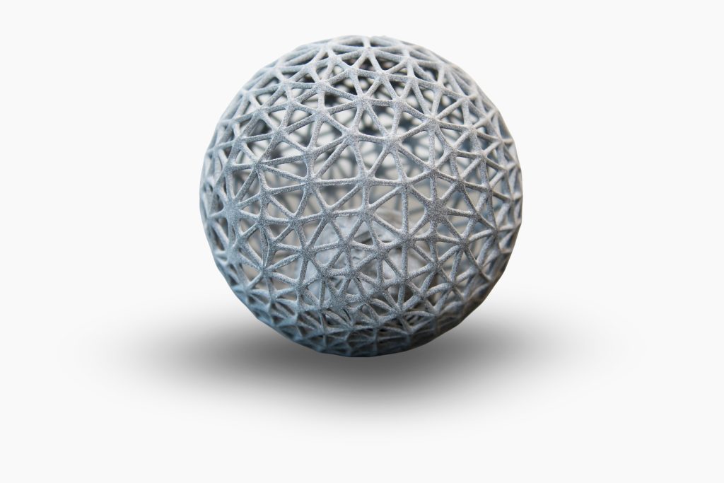 A 3D printed sphere. The sphere is hollow and is made up of a triangular mesh.