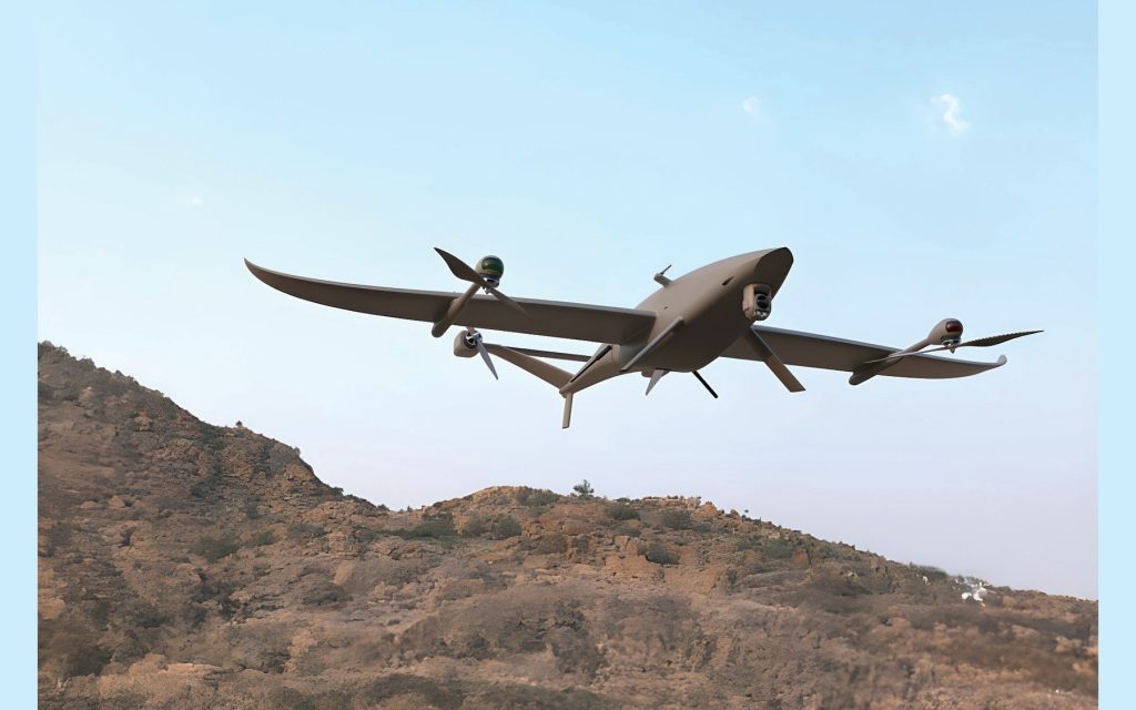 The Eye Above BushRanger fixed-wing VTOL in flight over rugged terrain. Data courtesy of The Eye Above.