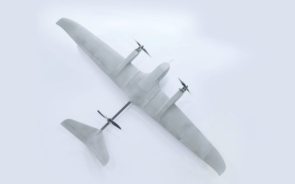 The HP Concept S fixed-wing VTOL drone demonstrator seen from above.