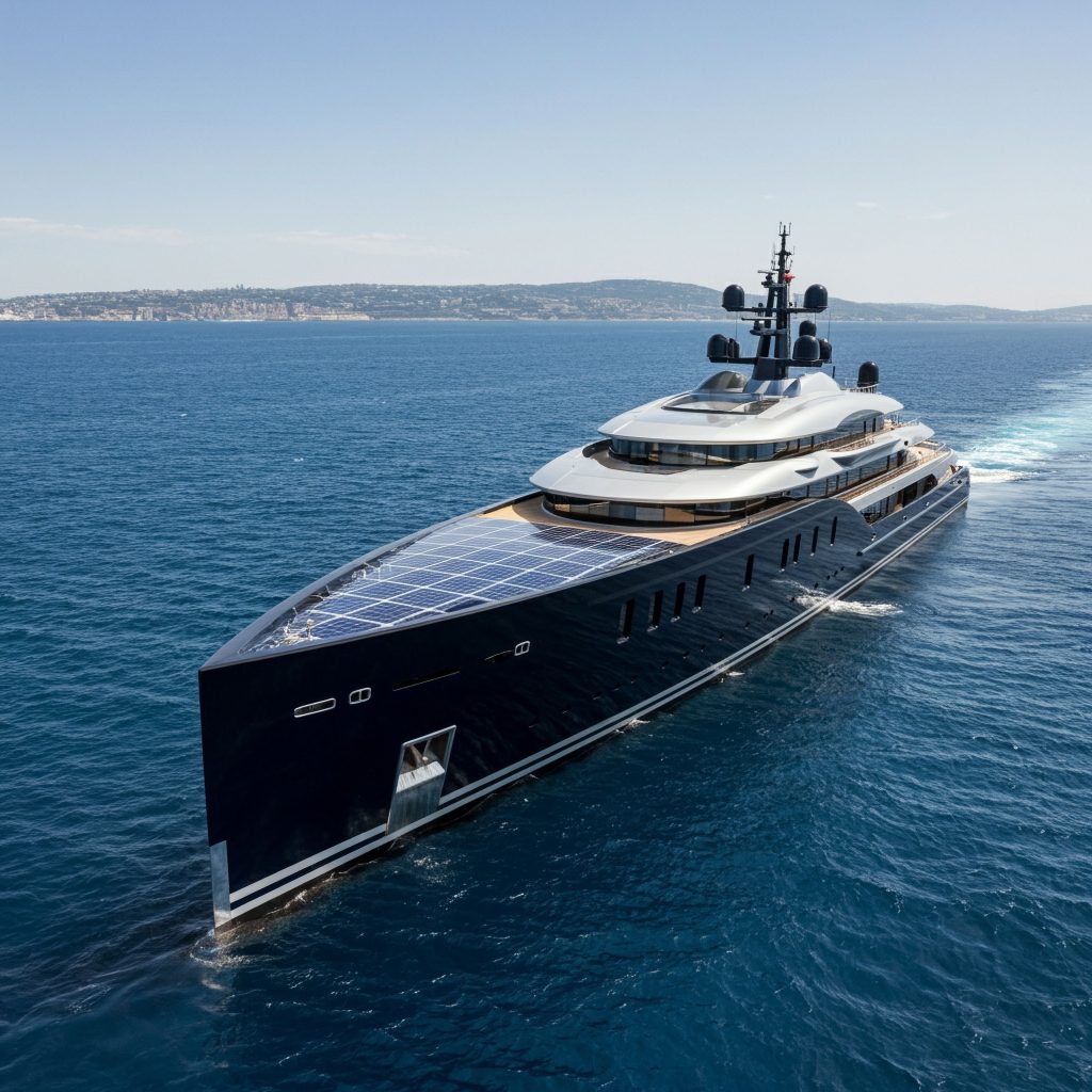 A dark-hulled superyacht with a solar-panelled foredeck under way on open water