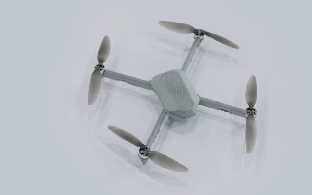 A quadcopter with a 3D printed nylon airframe produced using HP Multi Jet Fusion.