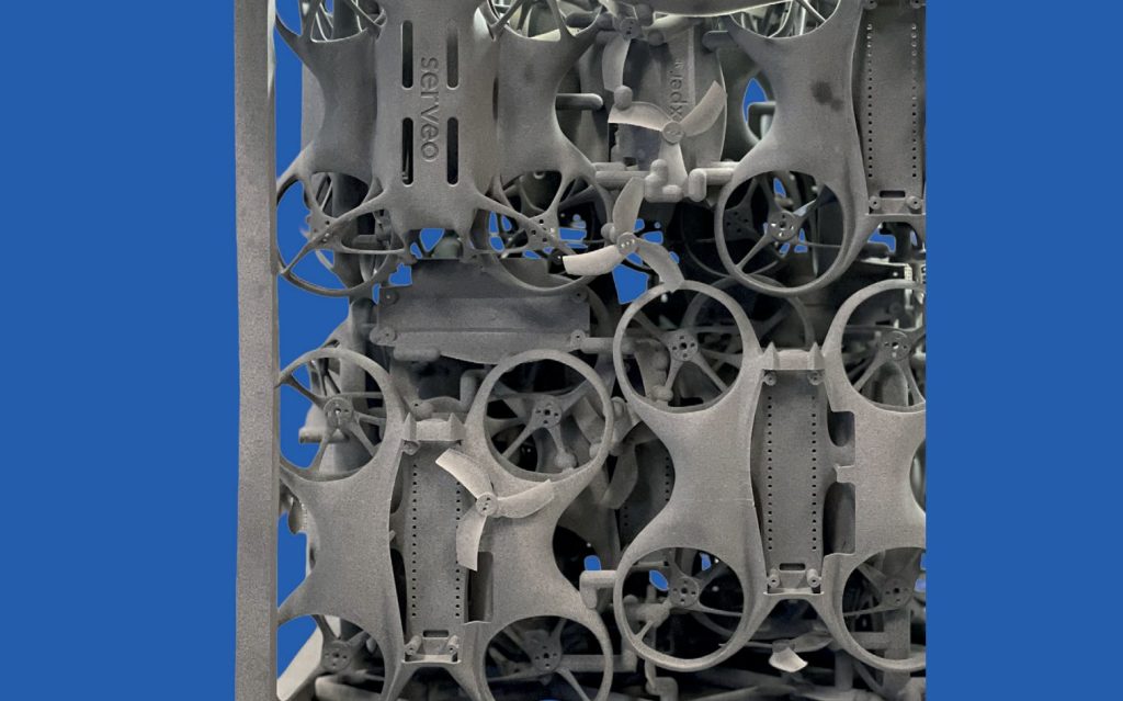 A single HP Multi Jet Fusion build containing components for twenty XperDron quadcopters. Data courtesy of Serveo.