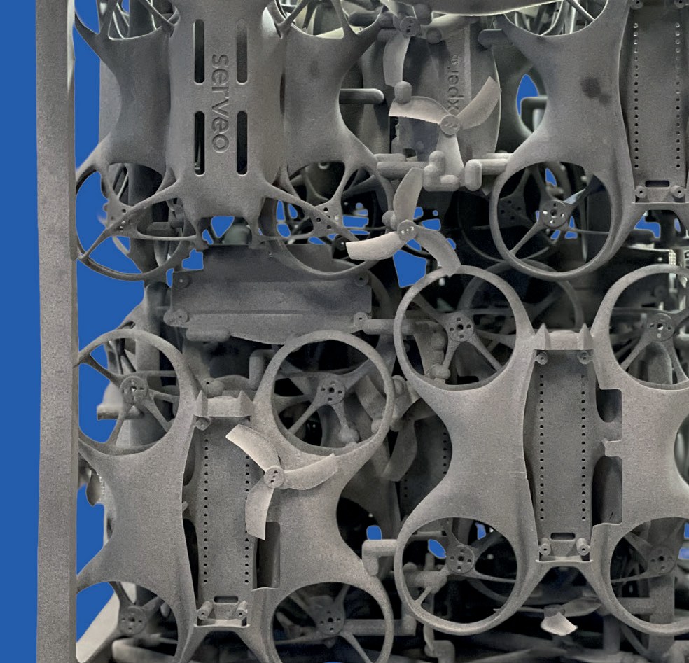 A single HP Multi Jet Fusion build containing the nested components for twenty Serveo XperDron quadcopters. Data courtesy of Serveo.