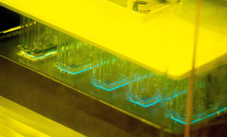 Close-up of parts curing on the build plate of an SLA resin 3D printer under yellow safelight