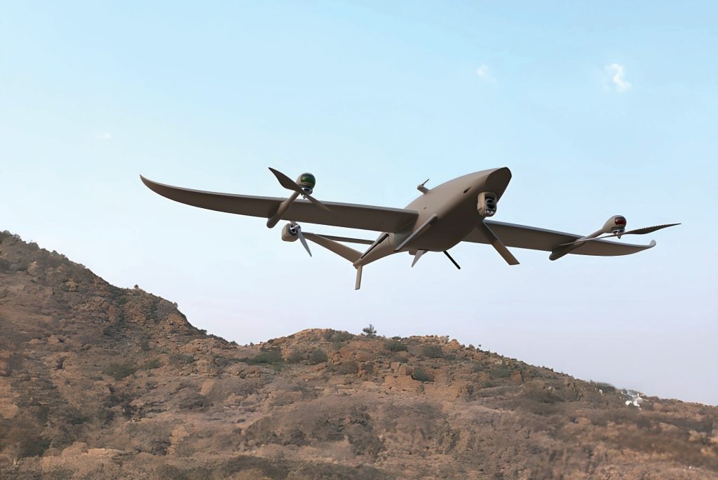 The Eye Above BushRanger fixed-wing VTOL in flight over rugged terrain. Data courtesy of The Eye Above.